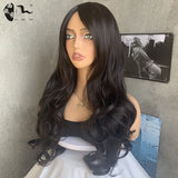 Long Black Dark Brown Body Wavy Hair Synthetic Wig For Women Side Part