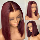 Short Bob Wig Human Hair Dark Red Burgundy Color Full Frontal Bob Wigs